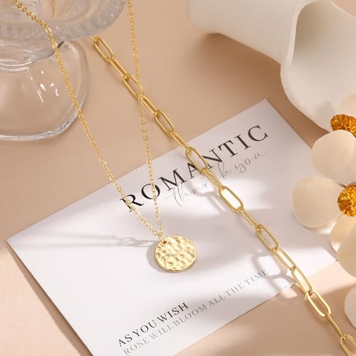 Layered Necklaces for Women 14K Gold Plated Stack Circle Pendant Trendy Long Chain Stackable Handmade Coin Necklace Set Dainty Gold Stacked Jewelry Gifts - color: Gold-3