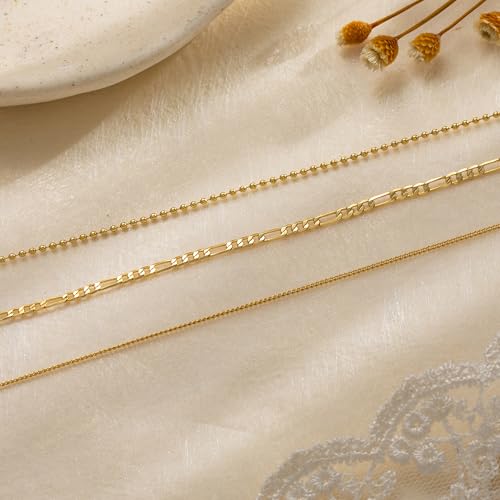 Tewiky Layered Necklaces for Women 14k Gold Plated Chain Necklace Set | Chunky Herringbone/Snake/Rope/Box/Cuban Link Chain for Women, Layering Stack Choker Necklace, Dainty Jewelry Set Non Tarnish - color: 3 Bead Cuban Figaro Gold