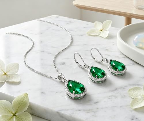 VONSSY Classic Oval Pendant Gemstone Necklace | Crystal Ruby Sapphire Waterdrop Birthstone Teardrop Emerald Necklace | 18K Platinum Gold Plated Chain | Jewelry Gift for Mother Wife Girlfriend - color: NL & ER - Green