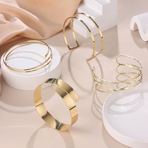 FIRAZIO 4PCS Arm Cuff Jewelry for Women | Upper Arm Cuff Bangle Band Armlet Adjustable Arm Cuff Bracelet Set - style: 4B-Gold