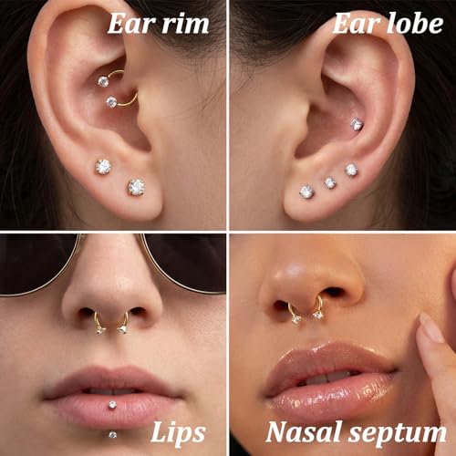 Lusofie 16g Horseshoe Nose Ring with Piercing Changing Tool - Gold Septum Rings Double Gem Surgical Steel Cartilage Helix Tragus Earring Hoop - Lip Ring Labret Piercing Jewelry 8mm 10mm
