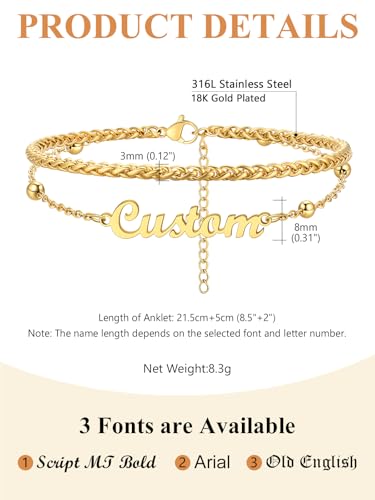 Custom4U Custom Name Anklet Bracelets for Women Waterproof Beaded/Figaro/Cuban/Rope/Wheat Chain Anklet Stackable Gold Plated Non Tarnish Custom Beach Gift Barefoot Summer Jewelry for Her - color: D01-Gold Wheat Chain