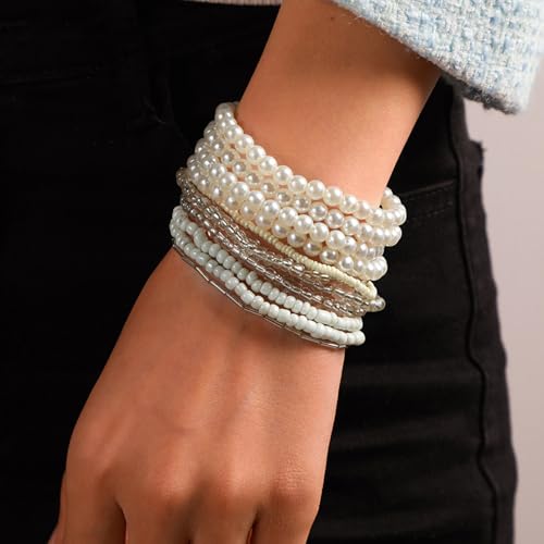 16-30Pcs Handmade Bohemian Colorful Crystal Seed Beads Stackable Adjustable Elastic Stretch Multilayerd Bracelets for Women Summer Vacation Beach Boho Bangle Jewelry - color: pearl