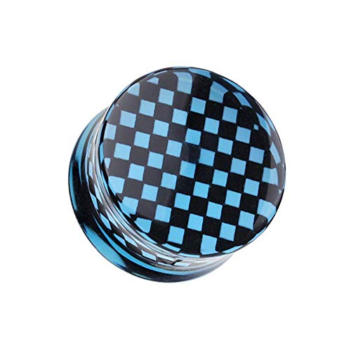 Classic Checker Inlay Double Flared Ear Gauge Plug - style: 0 GA (8mm), Blue