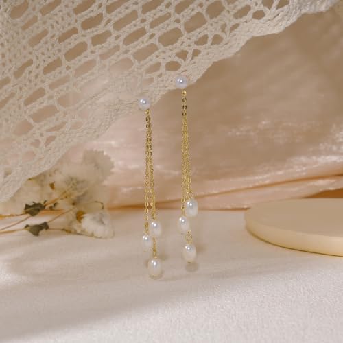 Gold Earrings for Women, 14K Gold Plated Tassel Dangle Earrings for Women Trendy Hypoallergenic Long Chain Earring Dainty Pearl Drop Earrings Elegant Wedding Earring Fashion Jewelry for Womens - color: Pearl&Style 1