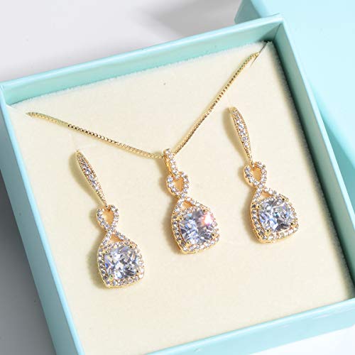 AMYJANE Crystal Jewelry Set for Women - Sterling Silver Square Cubic Zirconia CZ Bridal Pendant Necklace Earrings Set for Wedding Bride Bridesmaids Birthstone Fashion Jewelry Set - color: Gold-tone