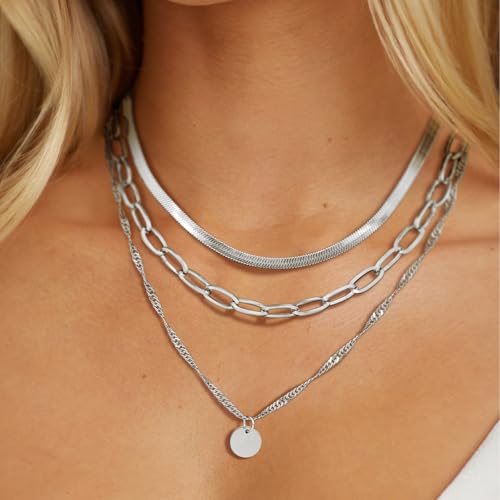 Layered Necklaces for Women,14k Gold Plated Dainty Necklace Stack Set Non Tarnish Adjustable Silver Stainless Steel CZ Heart Circle Pendant Paperclip Choker Herringbone Snake Chain Jewelry - style: Circle Layered Necklace-Silver