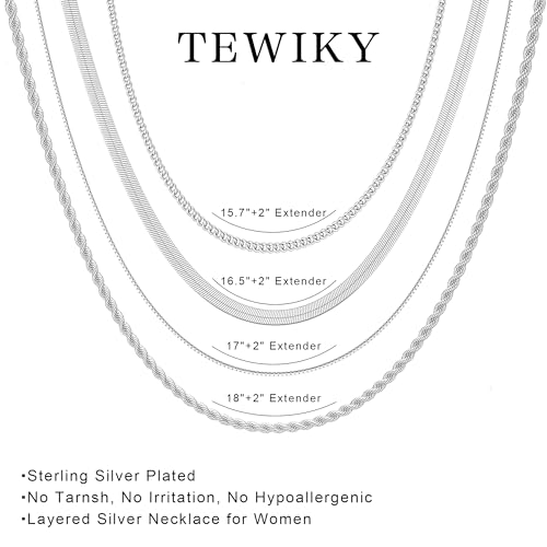 Tewiky Layered Necklaces for Women 14k Gold Plated Chain Necklace Set | Chunky Herringbone/Snake/Rope/Box/Cuban Link Chain for Women, Layering Stack Choker Necklace, Dainty Jewelry Set Non Tarnish - color: 4 Layered Necklace Silver