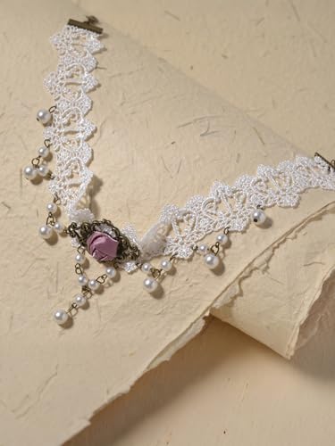 Lace Choker Necklace for Women Tassel Pendant Choker Necklaces Elegant Boho Collar Necklaces Statement Artistic Chain Necklace with Pearl Halloween Party Cosplay Costume Jewelry - color: White Pearl Rose