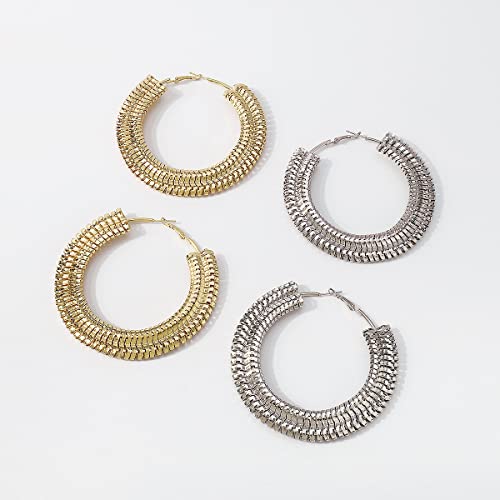 Extra Large Chunky Cuban Hoop Earrings Geometric Double Layered Round Loop Earrings for Women Prom Party Festival Jewelry (80mm silver) - size: 80mm silver