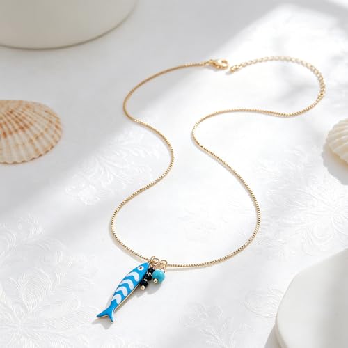 YUJIE Dainty Fish Pendant Necklace for Women 14k Gold Plated Ocean Fish Charm Necklace Summer - color: blue fish