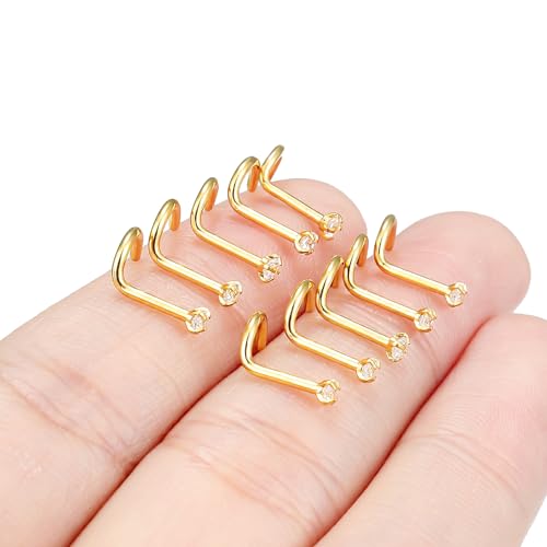 Hoeudjo Nose Studs Surgical Steel Cubic Zirconia Nose Rings Kit for Women Men Tiny Nose Stud Bone & Screw & L Shaped Nostril Piercing Jewelry 24/22/20/18 Gauge 10 Pieces - color: gold-tone,screw nose studs, size: 18g/2mm clear CZ