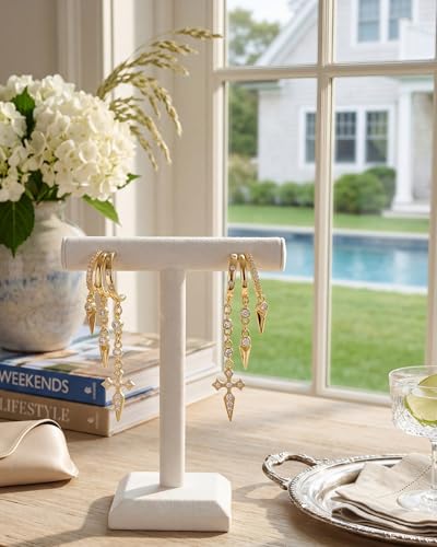 Gold Earrings for Women Trendy 14K Gold Plated Dangle Earrings Small Hoop Huggie Drop Stud Earrings Cubic Zirconia Simple Minimalist Dainty Chain Tassel Hypoallergenic Earrings - color: Cross & Gold