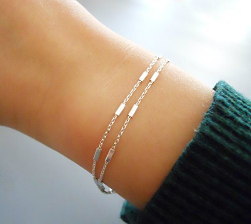 925 Sterling Silver Double Layered Bracelet, Length 6.5-7.5 Inches, Chain Bracelets for Women, Waterproof Minimalist Women's Jewelry (Satellite Bar Chains)
