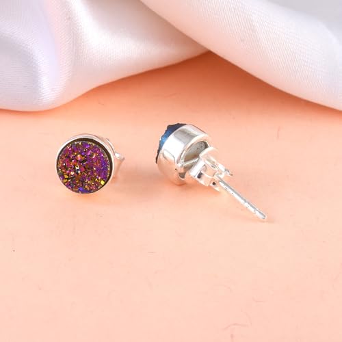 5 MM Natural Gemstone 925 Sterling Silver Hypoallergenic Studs Earrings Jewelry for Women Dainty Trendy Antiqued Silver Birthstone Earrings Jewelry Gifts for Women and Her - color: Pink Druzy