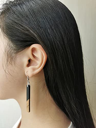 Boho Dangling Statement Earrings Simple Chic Wooden Earrings, Resin Geometric Bar Pendant Wood Earrings - color: black