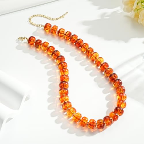 Beaded Necklaces for Women - Colorful Acrylic Beaded Chunky Necklace | Adjustable Statement Necklace, Puffy Heart Pendant, Boho Choker Necklace, Waterproof Summer Beach Jewelry, Gifts for Vacation - color: Amber
