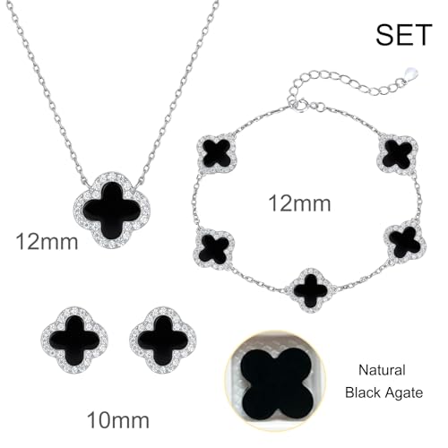 925 Sterling Silver Four Leaf Clover Bracelet β Real Silver Lucky Clover Jewelry for Women, Dainty Good Luck Gift for Her - color: Rhodium Plated β Black Onyx Set