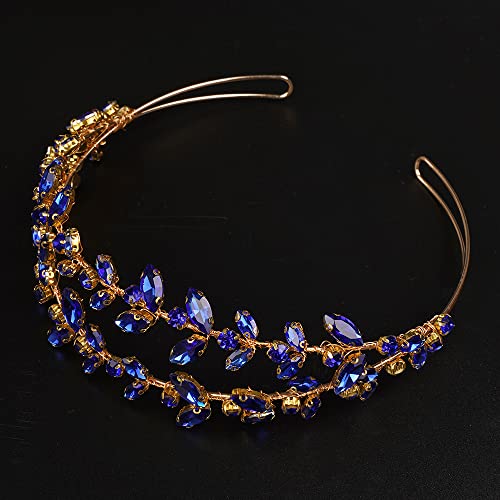 JWICOS Crystal Wedding Headband Tiara Bridal Rhinestone Headpiece Wedding Hair Accessories Tiara for Women and Girls (Blue Gold) - color: Blue Gold