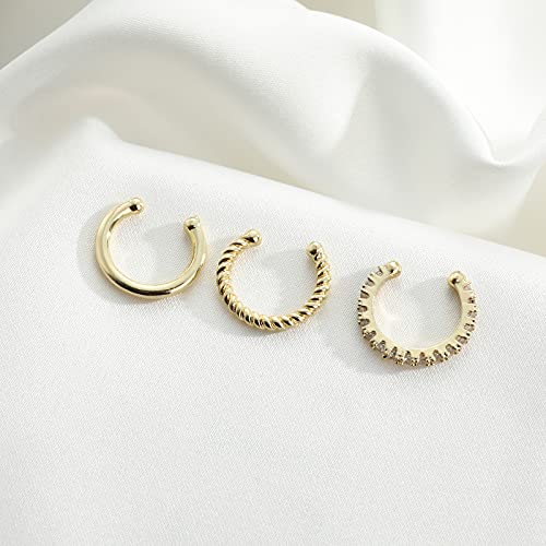 3Pcs 14K Gold Plated Cubic Zirconia Ear Cuffs for Non Pierced Ears Women, Hypoallergenic Sparkling Round Huggie Cartilage Earring Jewelry Gifts - color: gold