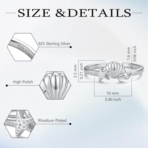 Sariel 925 Sterling Silver Toe Rings for Women Boho Adjustable Mid Finger Rings Summer Vacation Ocean Beach - color: Shell