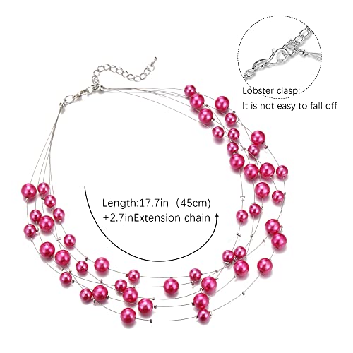 FULU AUTUMN Layered Pearl Necklace Multi-strand Pearl Choker Necklaces for Women Beaded jewelry for Wedding Parties - color: Hot pink