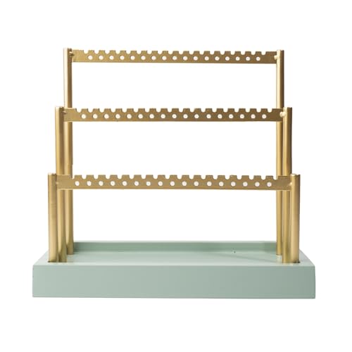 SANY DAYO HOME 3-Tier Earring Holder Organizer Stand, 105 Holes Gold Metal Earring Rack Jewelry Display Tree with Sage Green Wood Tray for Women and Girls - color: Gold Rack Green Base