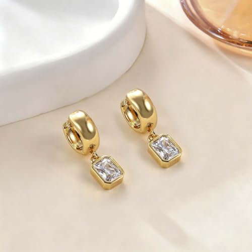 Gold Chunky Dangle Earrings for Women, Bezel Set Cubic Zirconia Charm | 14K Gold Silver Plated, Statement Huggie Hoops Drop Earrings, Trendy Jewelry Gifts, High Grade CZ, Hypoallergenic Lightweight - color: GD-Rectangular CZ Hoop