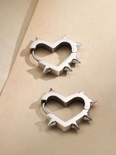 Huggie Hoop Spike Heart Earrings, Gothic Punk Grunge Emo Y2k Earrings, Goth Jewelry, Christmas Jewelry Gift For Women - color: silver