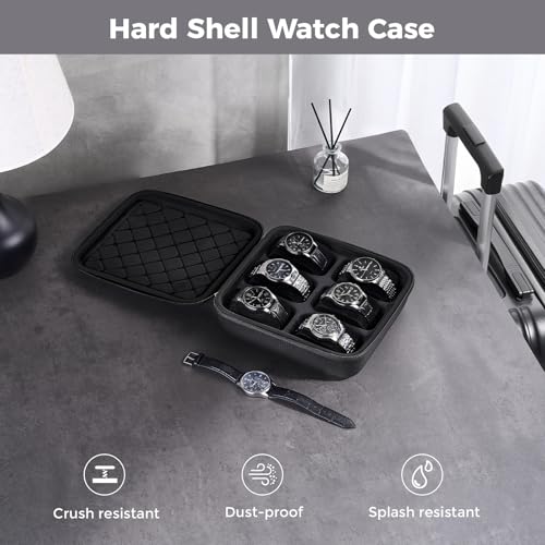 ProCase 6-Slot Travel Watch Case for Men, Hard Shell Storage Box -Black | Travel Watch Box for Watch Bracelet Accessories, Zippered Organizer Bag Fathers Day Gift for Dad - size: 6 Slots