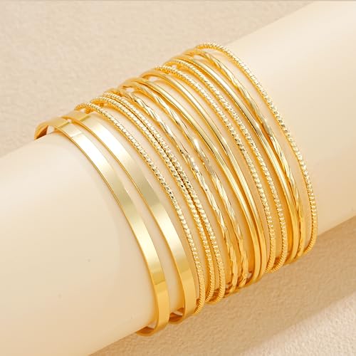 ÌF ME Gold Bangle Bracelets for Women, Indian Bangles Stackable Set, Multi Layer Textured 18K Gold Plated Chunky Bracelets Boho Jewelrys Set - style: D-14PCS Indian bangles