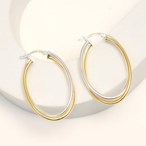 LeCalla 925 Sterling Silver Chunky Hoop Earrings | 14K Two-Tone Three-Tone Hoop Earrings | Intertwining Oval Shape Polished Twisted Hoop Earrings for Women - color: "Large" Two-Tone 40mm