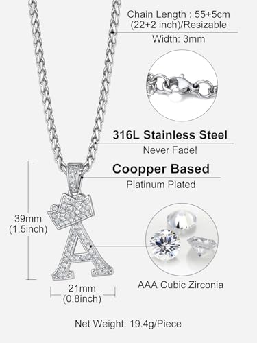 Richsteel Silver Crown Initial A-Z Letter Pendant Necklace for Men Women | Cubic Zirconia Monogram, 316L Steel Chain, 22" + 2" Extender,Hypoallergenic,Gift Box, Hip Hop Jewelry - style: A.