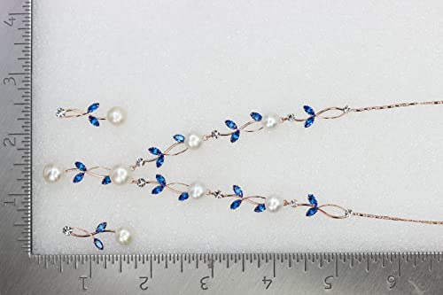 Faship Genuine Freshwater Pearls Floral Necklace Earrings Set | Premium CZ Crystal, Gorgeous, Sparkling - color: Blue / Rose Gold Plated