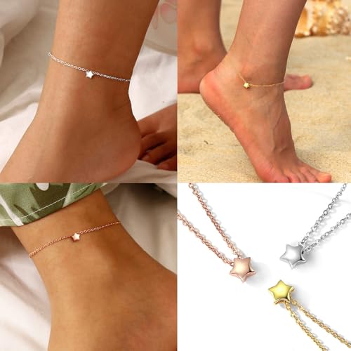 ChicSilver Personalized 925 Sterling Silver Tiny Heart/Moon/Star/Sun/Dot/Triangle Anklets Simple Dainty Foot Jewelry for Women, Silver/Gold Plated/Rose Gold Plated - style: Silver Star