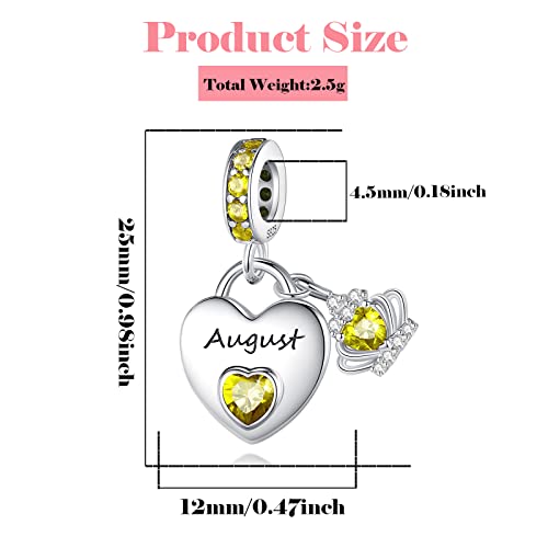 Birthstone Charms for Charms Bracelet: 925 Sterling Silver Heart Dangle Charms for Bracelets and Necklaces, Birthday Mother's Day Christmas Gifts For Women. - color: August