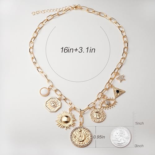 ORIGENCE Sun Heart Necklace for Women 18K Gold Plated Heart Pendant Necklace Chunky Chain Choker Necklaces Hip Hop Charm Necklaces Trendy Unisex Jewelry - style: 8Charm-Gold