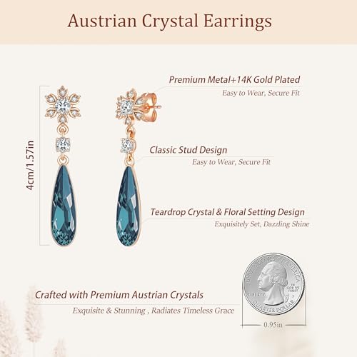 Austrian Crystal Teardrop Earrings Flower Dangle Earrings for Women 14K Gold Plated Drop Stud Earrings Hypoallergenic Jewelry - color: Dark Blue
