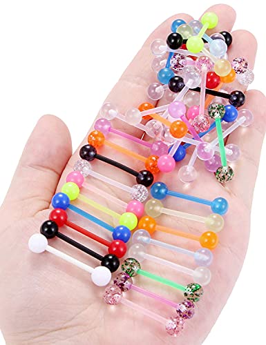 Prjndjw 48Pcs 14G 16mm 14MM Glow in Dark Tongue Nipple Ring Plastic Flexible Acrylic Straight Barbell Body Piercing Jewelry for Women Men Tongue NIppie piercings - color: 16.0 millimetres