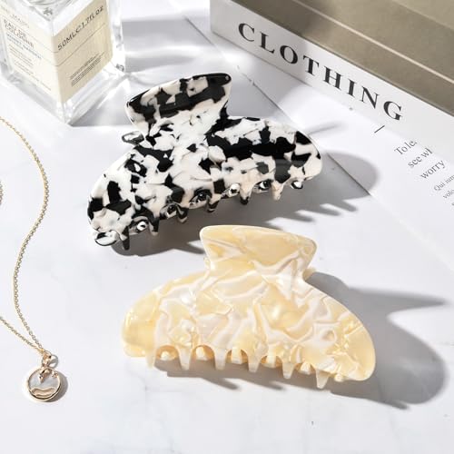 Aileam Acetate Hair Claw Clips for Women,Tortoise shell hair clip French Design Strong Hold Non-Slip claw clips for Thick Hair, 2 Pack - color: Beige & Milk Black