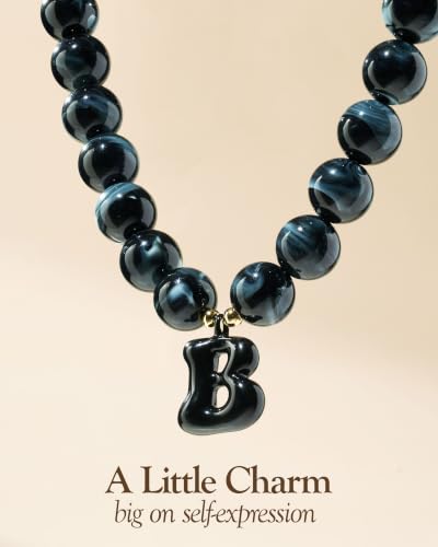 DoDoBeads Chunky Colorful Beaded Initial Necklace, Bubble Letter Choker | Gift box and dust pouch included; waterproof and sweat-resistant with real gold plated stainless steel hardware - color: Black-B