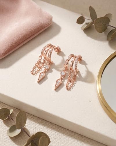 Gold Earrings for Women Trendy 14K Gold Plated Dangle Earrings Small Hoop Huggie Drop Stud Earrings Cubic Zirconia Simple Minimalist Dainty Chain Tassel Hypoallergenic Earrings - color: Chain & Rose Gold