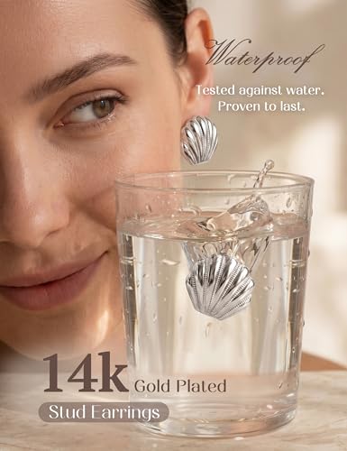 Chunky Gold Stud Earrings for Women Sterling Silver Earring Hypoallergenic | Non Tarnish 14K Gold Plated 925 Silver Posts for Sensitive Ears,Knot Statement Dangle Earrings Gold Jewelry Gifts Lightweight - color: silver plated-shell