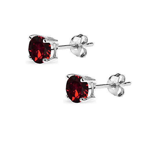 Sterling Silver Birthstone Crystal Solitaire Stud Earrings for Women and Men - color: January - Dark Red