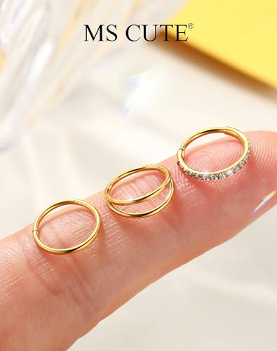 316L Stainless Steel Nose Ring Set – 3PCS Nose Hoops with Cubic Zirconia, 20G/18G, Silver/Black/Gold, 7mm/8mm Sizes, Seamless & Hinged Design for Sensitive Skin Jewelry - color: Gold, size: 18g 7mm