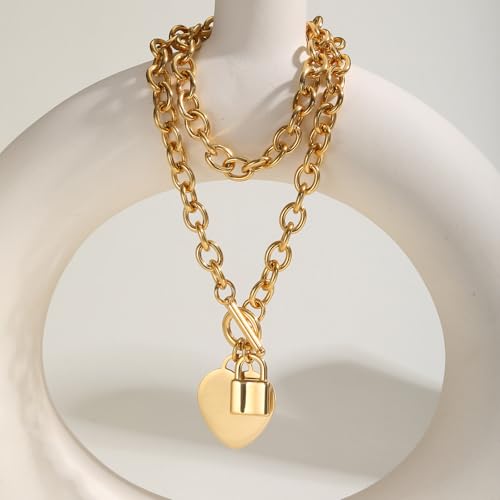 VNOX Personalized Initial Name Stainless Steel Trendy Cable Chain Bracelet Neckalce Set with Padlock Heart Charm and Toggle Clasp Closure - color: Gold Necklace+Bracelet