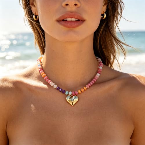 Gemstone Beaded Natural Stone Heart Pendant Necklaces for Women - color: Natural Stone Necklace-1