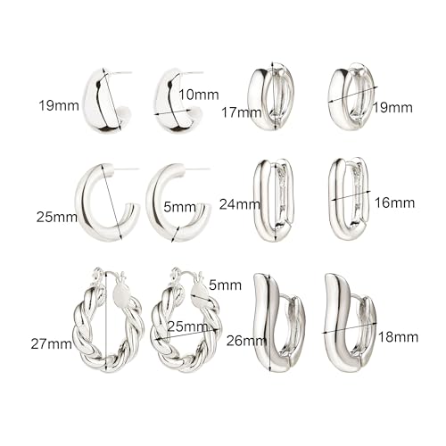 6 Pairs Gold Hoop Earrings for Women, 14K Gold Plated Huggie Hoop Earrings Set Hypoallergenic Lightweight Chunky Open Hoops Jewelry for Gift - color: Silver