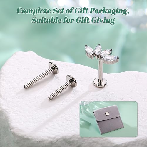 LOLIAS 16G G23 Titanium Tragus Conch Helix Piercing Jewelry 6mm 8mm 10mm - Internally Threaded Flat Back Stud Cartilage Earrings Hypoallergenic Forward Earlobe Labret Tragus Piercing Jewelry - color: 4 Leaf-Titanium