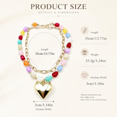 Colorful Beaded Necklace For Women, Boho Double Layered Chunky Gold Cuban Chain Rainbow Beads Heart Pendant Y2K Statement Choker Summer Beach Jewelry Gift - color: Puffy-Heart